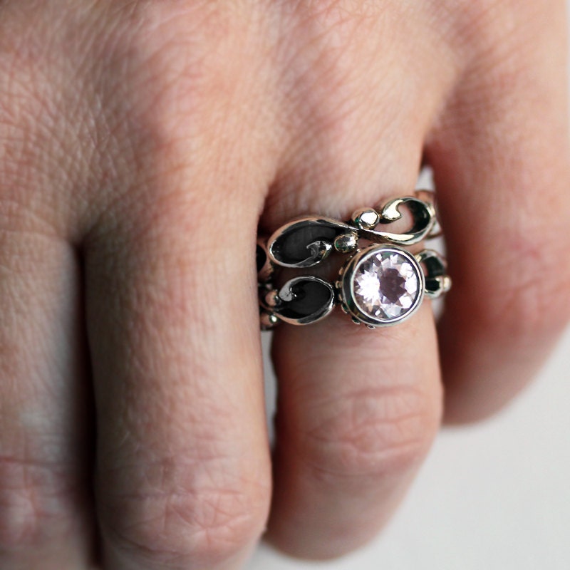 Pink morganite engagement ring set - bezel solitaire - recycled sterling silver - filigree wedding band- Wrought ring