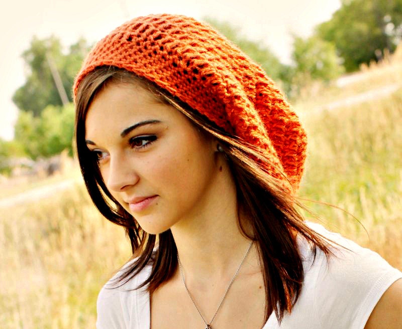 Hand Crocheted Hat Womens Hat - The Weekender Slouchy Hat in Tangerine Tango Alpaca