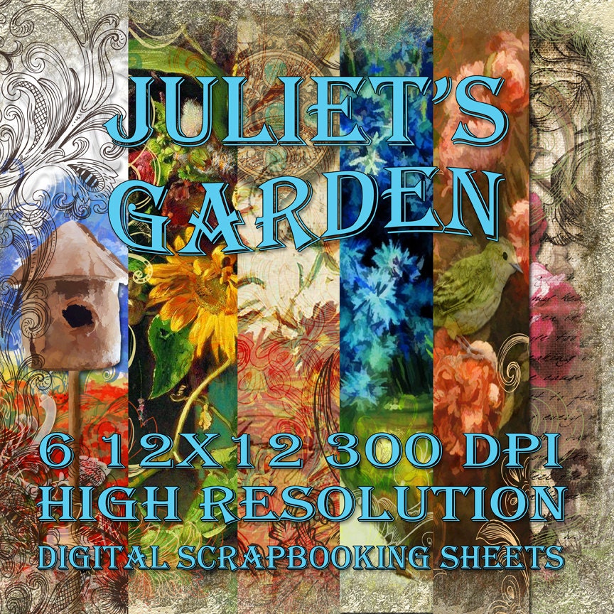 Juliets Garden Vintage Floral Botanical Digital Set 12x12  Digital Scrapbooking Pages Download Photograph Commercial Use
