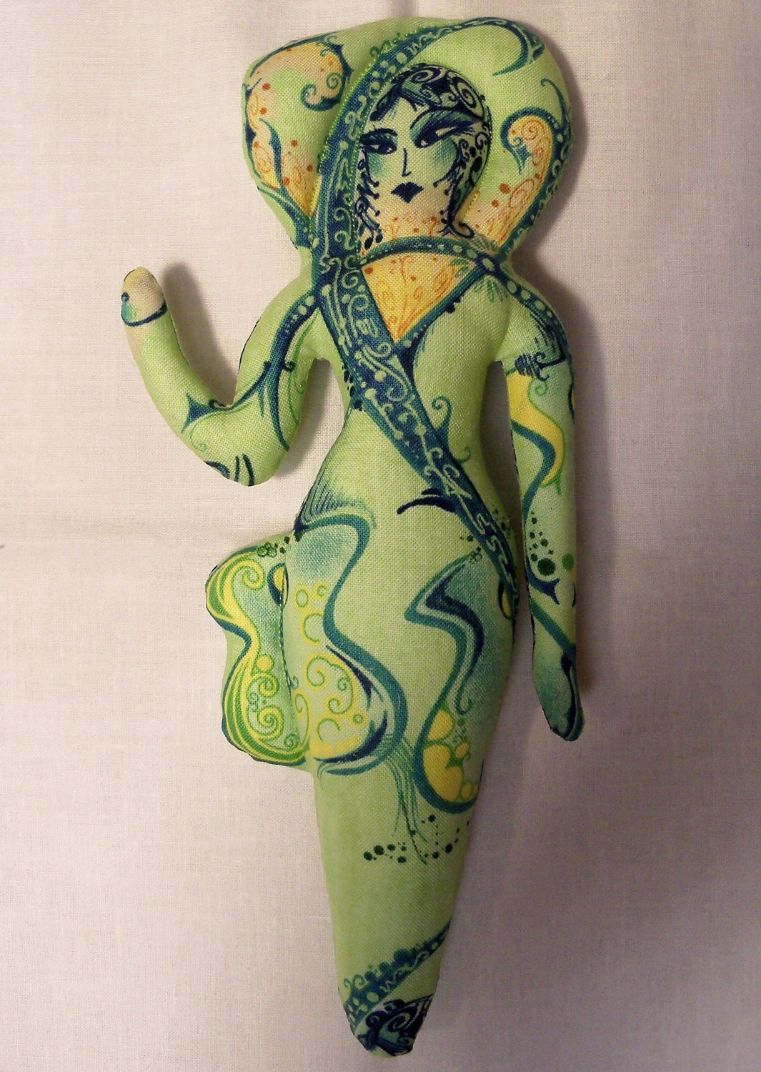 Green Guitar Goddess cloth art doll form 9in.