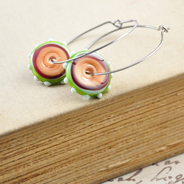 Green and Pink Glass Disc Hoop Earrings