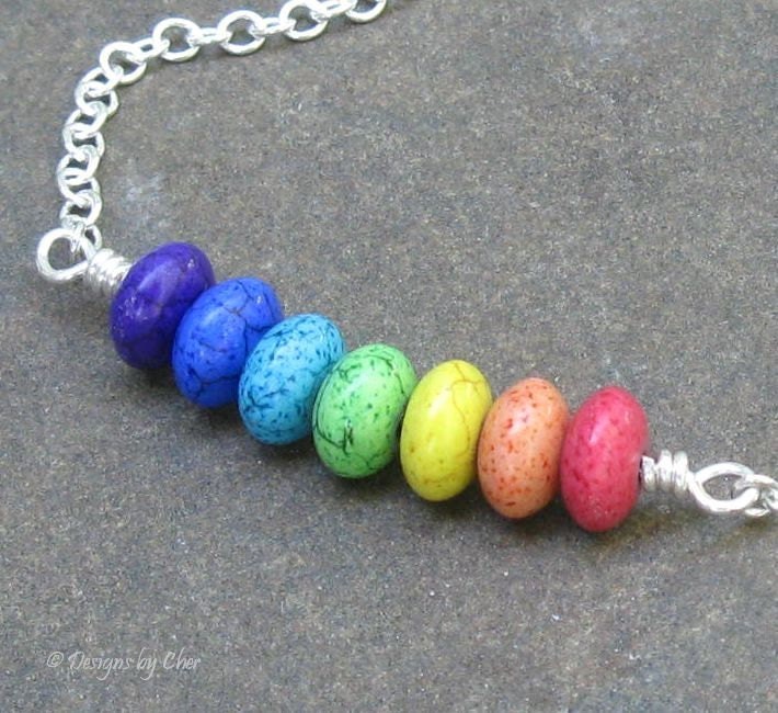 Rainbow Howlite Stack Necklace, Wire Wrapped Stone Rondelles on Silver Plated Chain