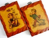 Vintage 70s Little Boy & Girl Wooden Plaques