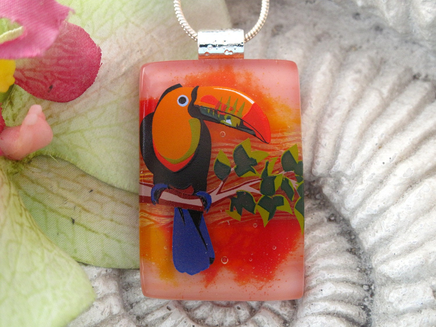Exotic Bird - Parrot - Dichroic Glass Pendant - Toucan-  Dichroic Fused Glass Jewelry - Dichroic Pendant and Necklace 112412p120