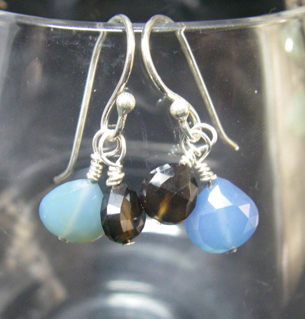 Lovely Black & Blue Chalcedony Drop Silver Earrings