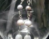 Grey Agate, Black Pearl, Silver Earrings