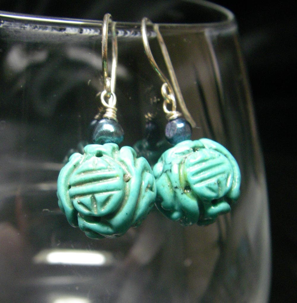 Carved Turquoise, Blue Pearl, Silver Earrings
