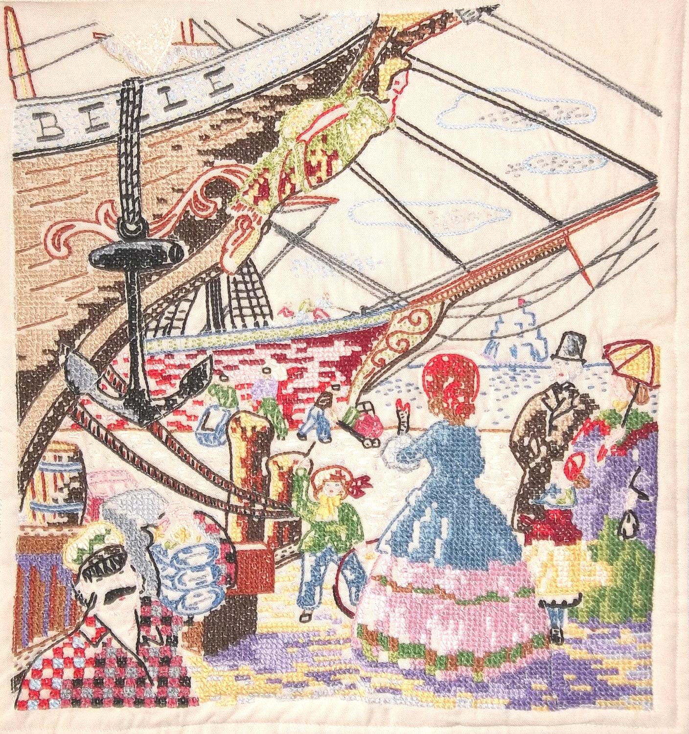 Patchwork, Vintage Embroidery, Antique Shipyard Wallhanging, Repurposed, Upcycle