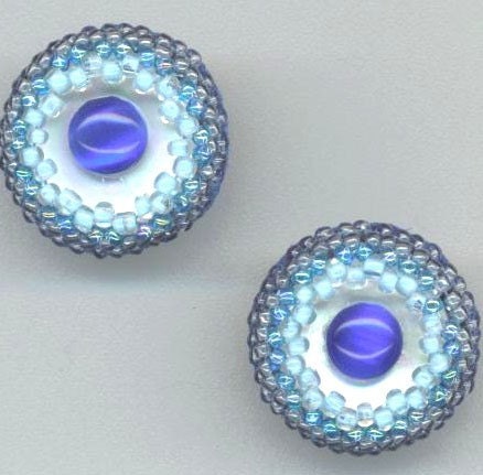 Royal Blue Cat's Eye Earrings . Mother of Pearl Post Beaded Earrings . Beadwoven Bezel . Sky blue - Baby Blues by enchantedbeads on Etsy