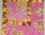 Pink Gold Fleece Bunny Rabbit Baby Receiving Blanket Satin Trim Snuggie Security Blanket Newborn