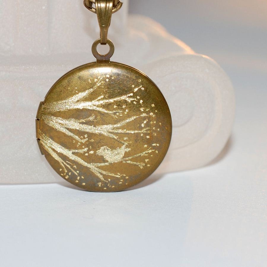Bird in Tree Locket Necklace Hand Drawn Art Cherry Blossom