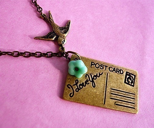 Victorian Postcard Air Mail Love Bird Necklace