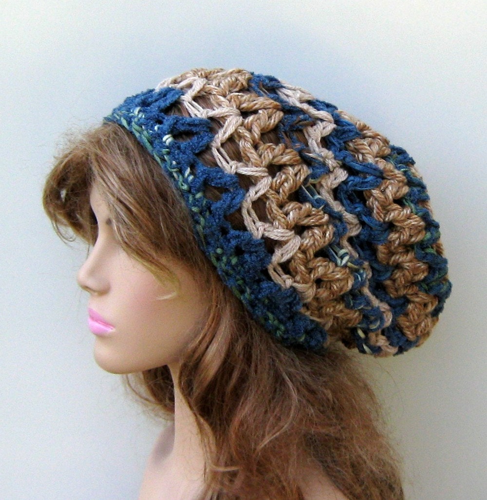 Pecan blue slouchy beanie BoHo Hippie Hat bohemian chunky crochet