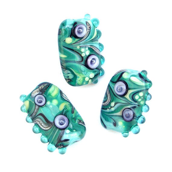 Green Marble - Handmade Lampwork Glass Bead Set in Green, Aqua and Lavender (3) OOAK