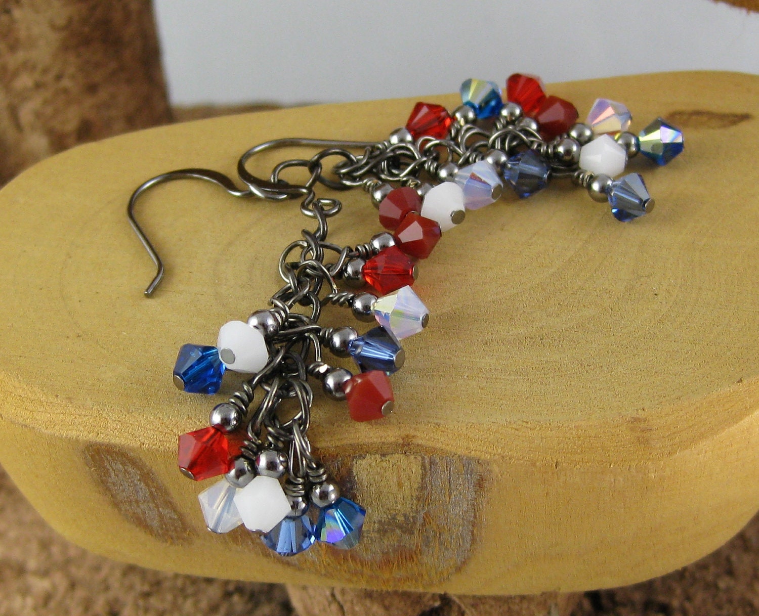 Americana red white and blue patriotic gunmetal finish Swarovski Crystal cascade french hook earrings