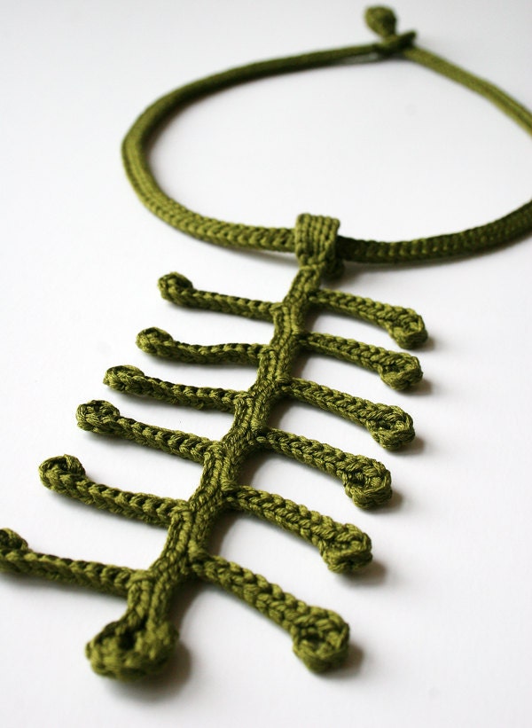 Fiber Art Jewelry - Silk Crocheted Lace Necklace / Lariat - Olive Green