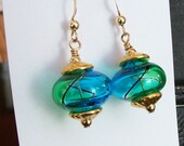 Teal Green Aqua Murano Glass Cipollina 14kt Gold Filled Vermeil Earrings