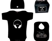 Punk Rock Baby 80's GIFT SET romper one piece layette hat bibs UNISEX black white