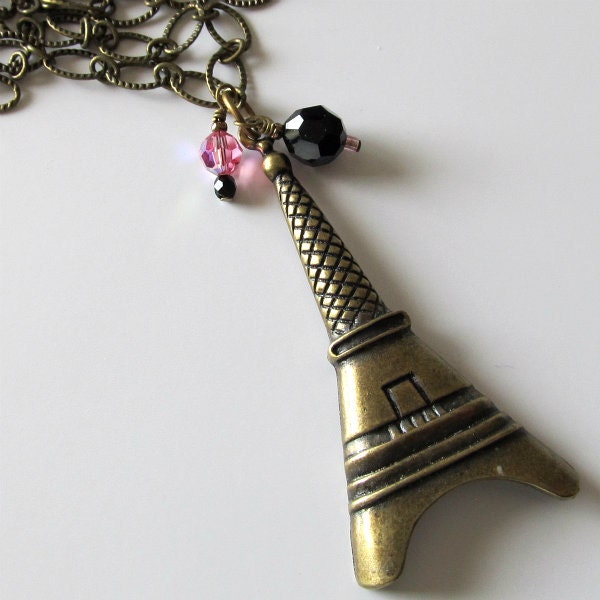 Paris necklace, antique brass Eiffel Tower pendant, antique brass chain beaded necklace, pink and black crystals, beaded jewelry
