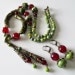 Lime green jasper and raspberry agate beaded necklace and earrings, antique brass, matching earrings, beaded jewelry