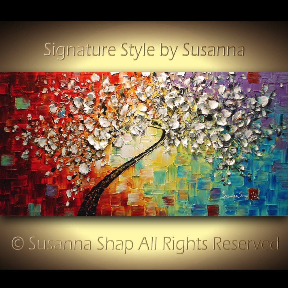 ORIGINAL Large Tree Painting Multicolor White Cherry Blossom Impasto Landscape by Susanna 48x24 Ready to Hang
