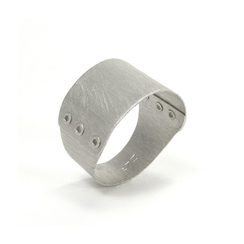 Sterling Silver Graphic Minimalist Riveted Finger Cuff Ring Wide Band - Intention