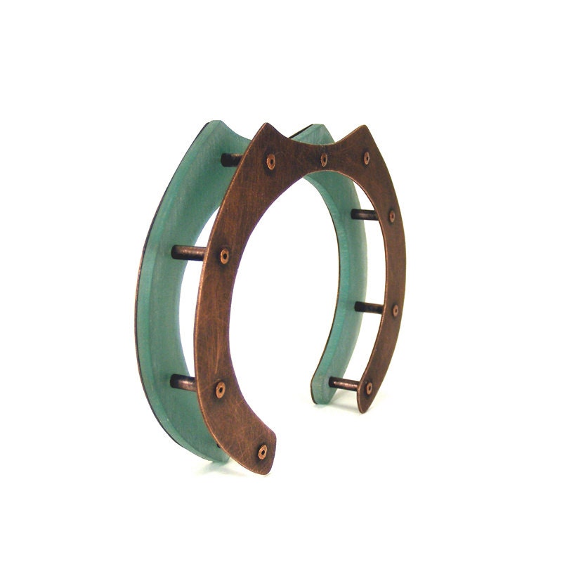Oxidized Copper and Aqua Resin Architectural Riveted Cuff Bracelet - Tranquil