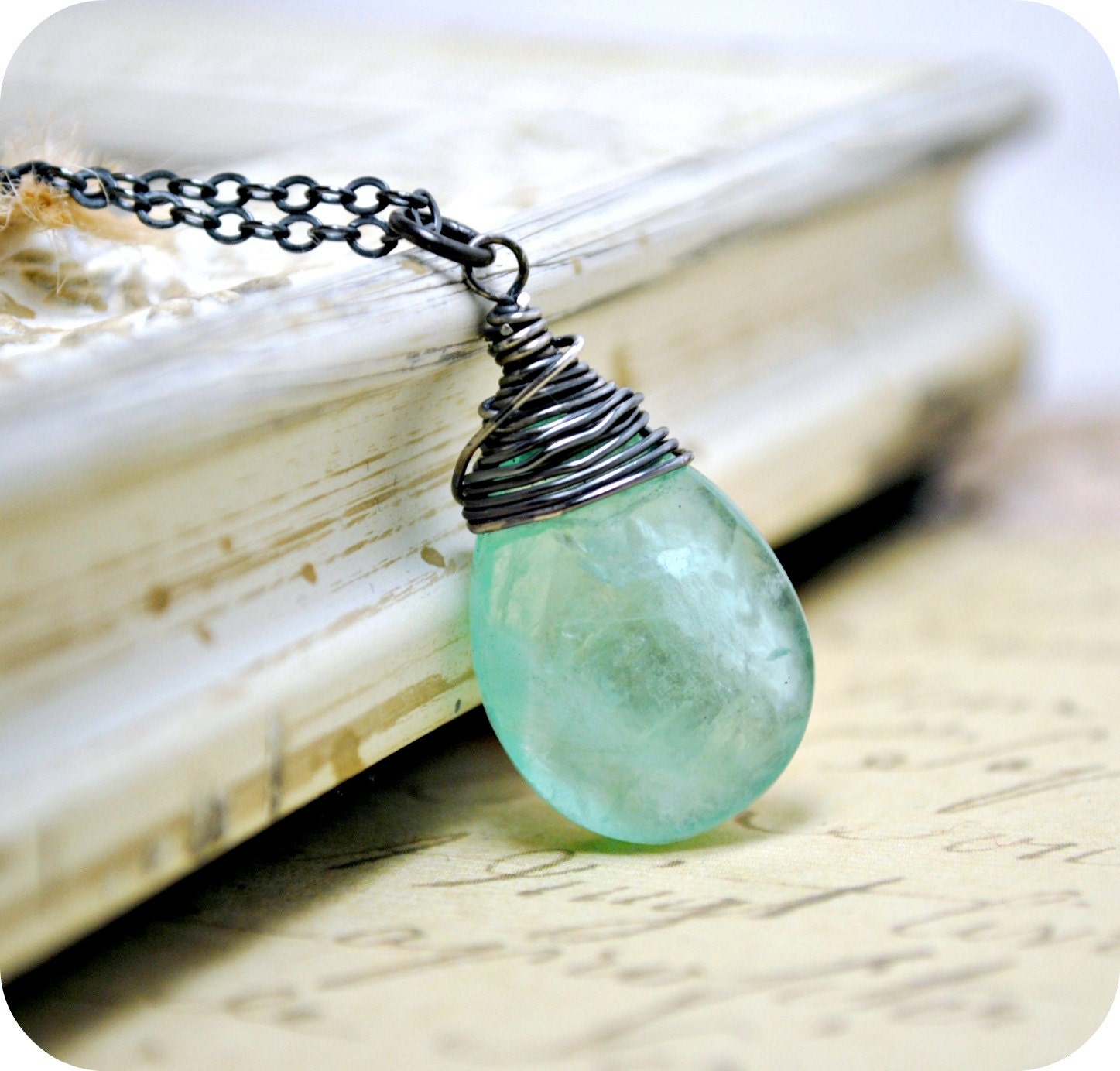 Rustic Green Flourite Necklace, Pendant Gemstone, Handmade, Layered, Wire Wrapped, Oxidized Sterling Silver