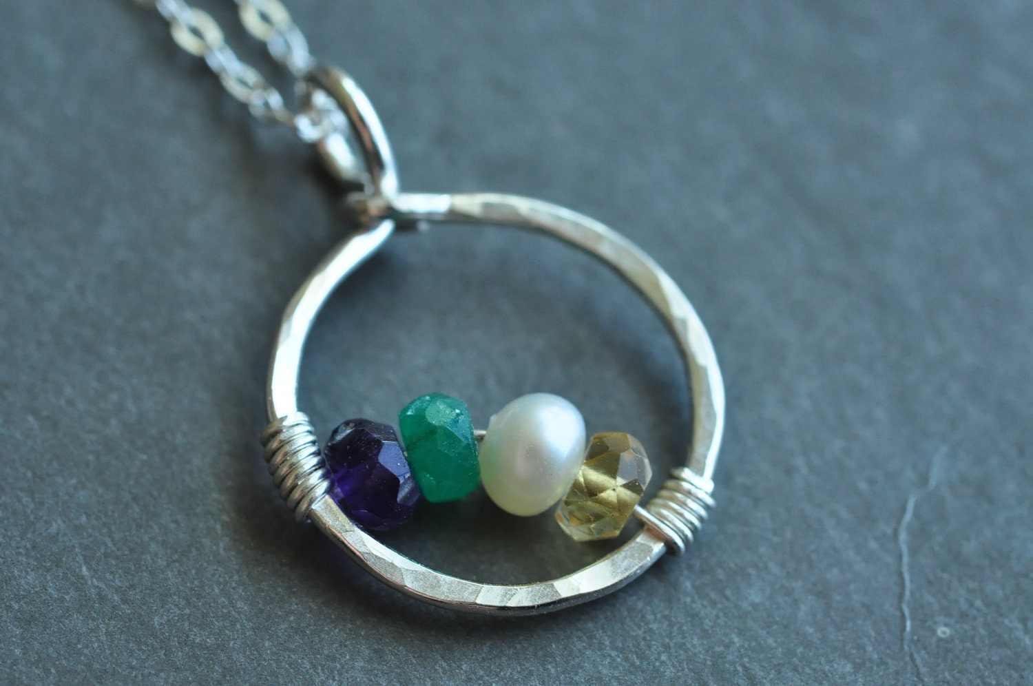 mothers necklace personalized birthstone CIRCLE OF LOVE sterling silver, 4 stones