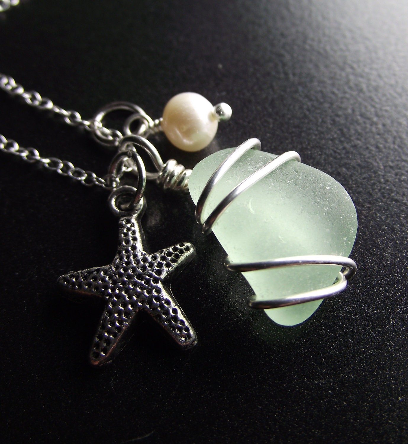 Sea Glass Jewelry - Aqua Sea Glass Cluster Necklace - BEACH BRIDE