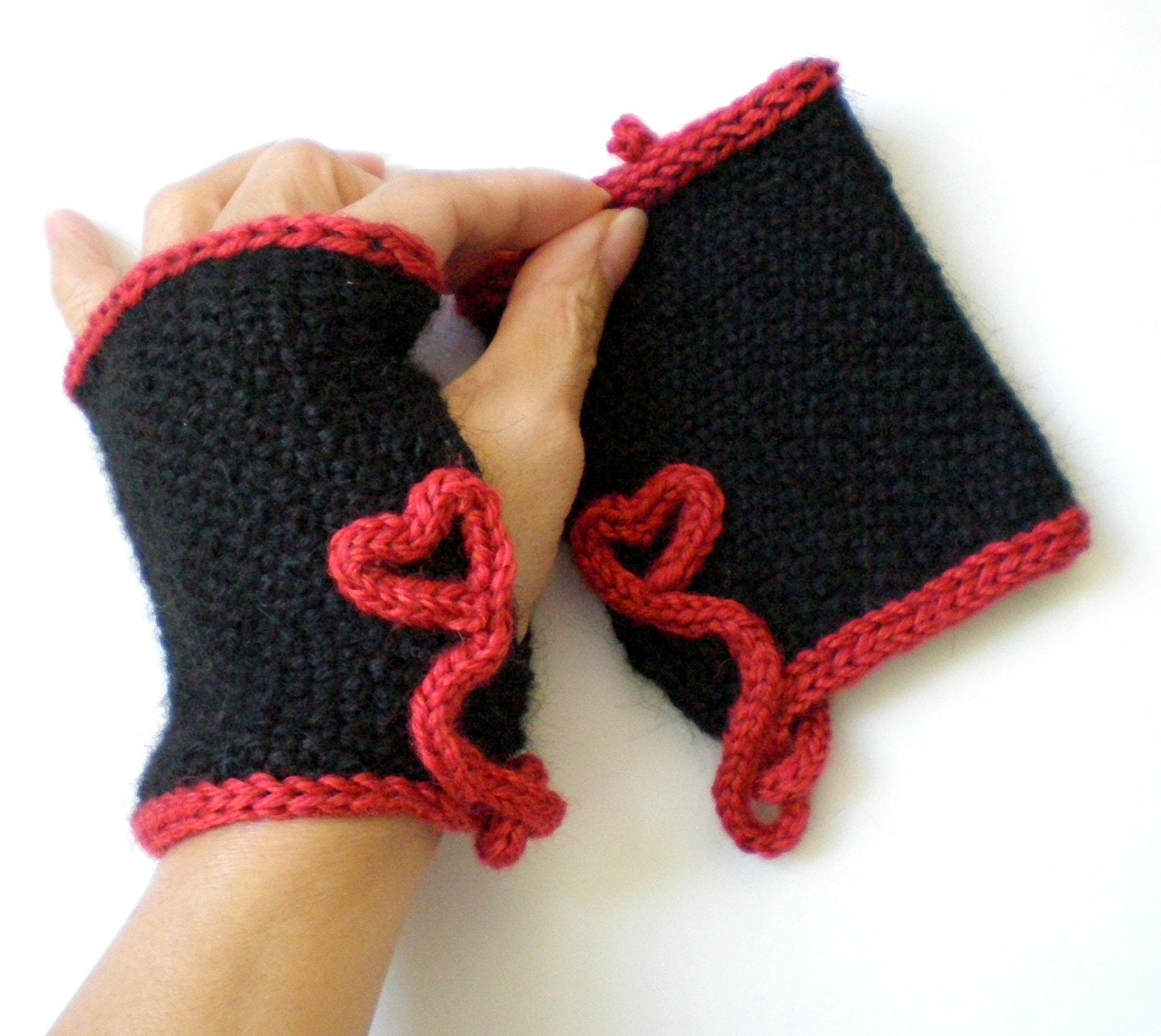 Knit Women Fingerless Gloves aka Texting Gloves - Red Hearts