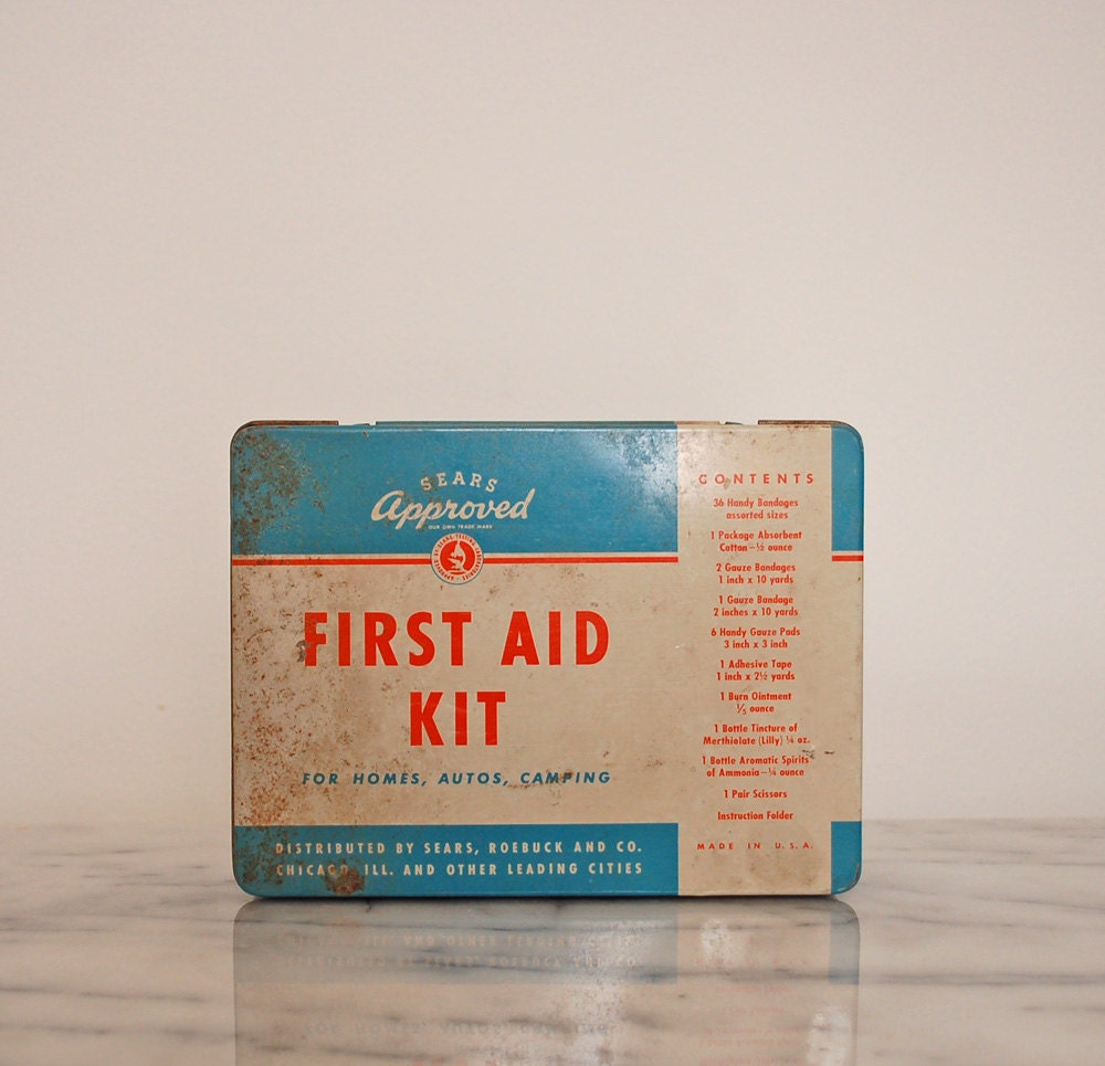 vintage metal first aid tin Sears approved