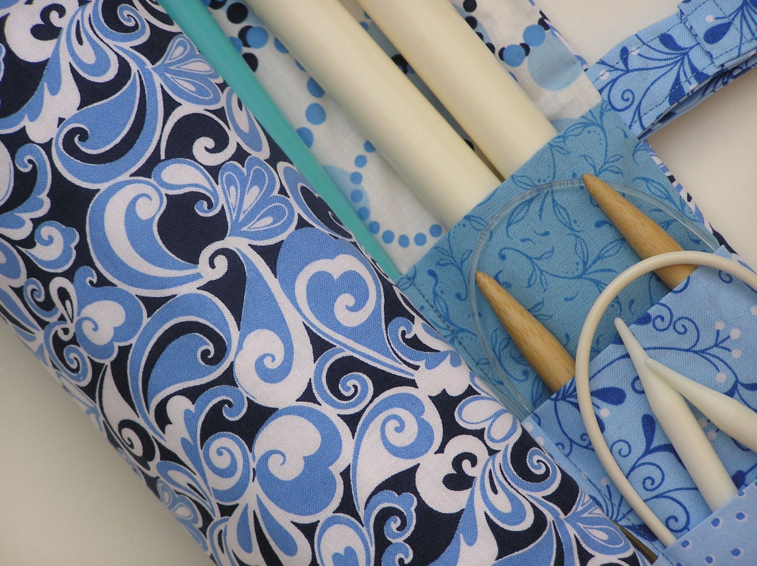 large knitting needle case - knitting needle organizer - floral in shades of blue - 36 pockets