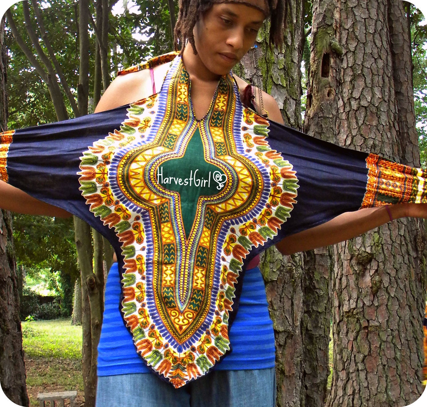 Harvest Back Wrap Hidden Zipper Pocket Halter - Navy Dashiki
