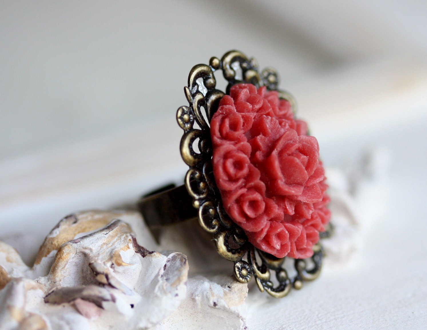 Red rose ring with oxidized brass  - zsb creations