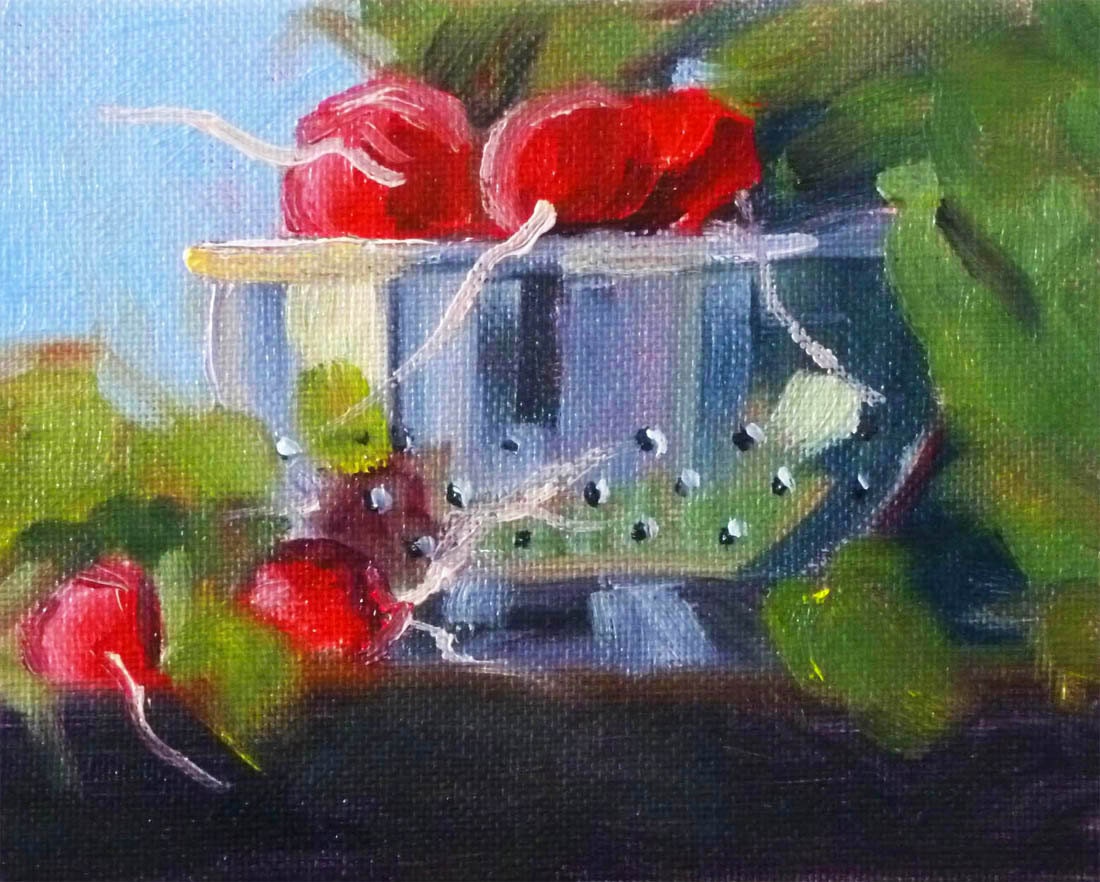 Small Still Life, Oil Painting, Radishes, Kitchen Art, Kitchen Decor, Canvas, 4x5, Red, Green, Chrome