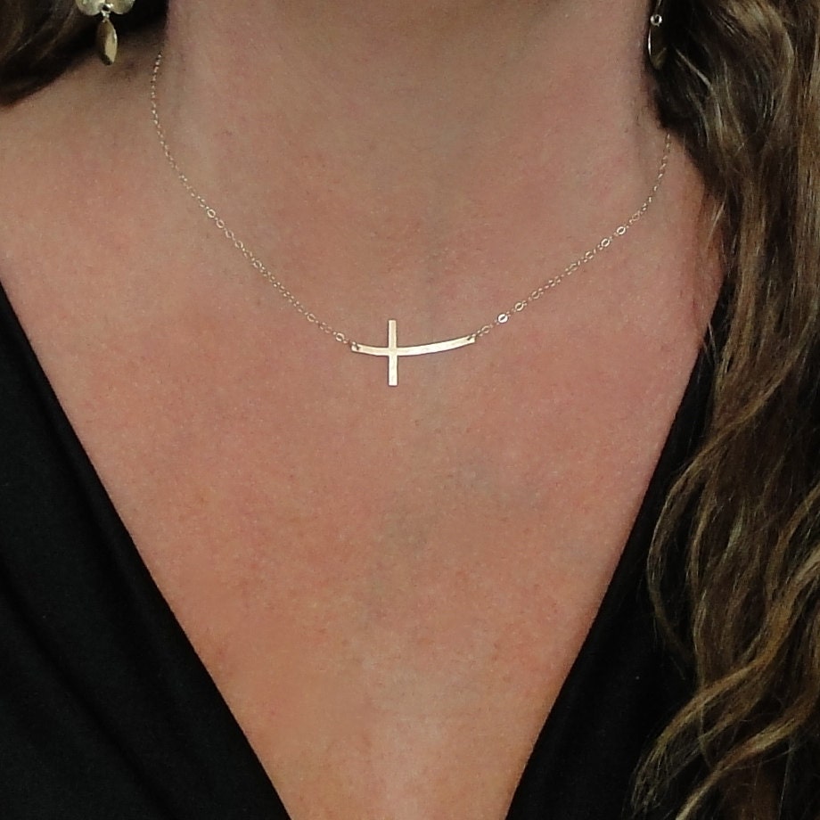 New - CURVED Sideways Cross Necklace, 14K Gold Filled OR Sterling Silver, Long and Sleek Kelly Ripa Cross