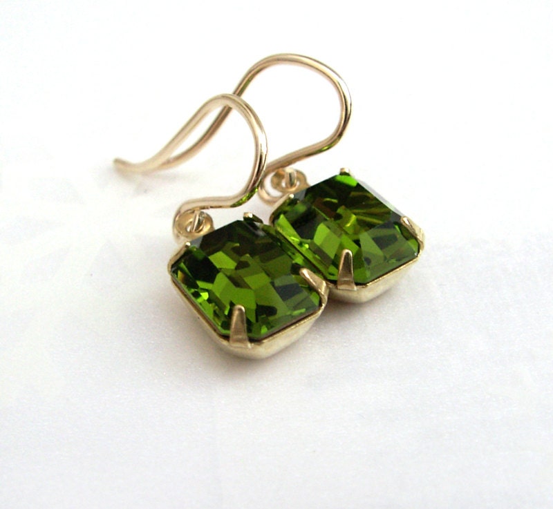 Olive Green Earrings, Emerald Cut Swarovski Rhinestones, 14K Gold Fill