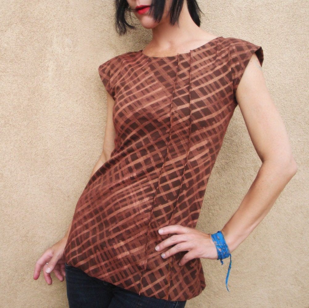 Her Tea Leaves - iheartfink Handmade Hand Printed Copper Plaid Womens TShirt Top