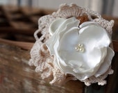Shabby chic headband, Vintage lace, button and ivory fabric flower headband, flower girl headband