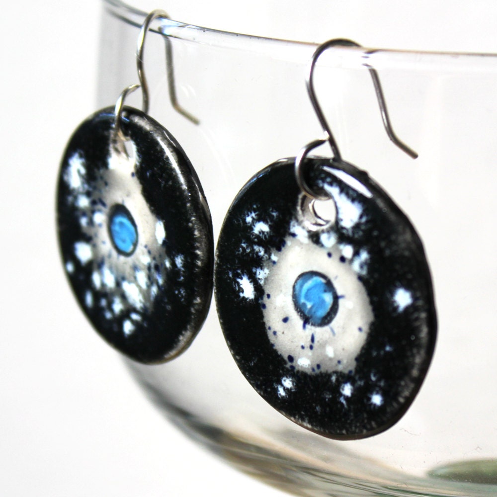 Pale Blue Dot Ceramic Earrings in Black and Gray