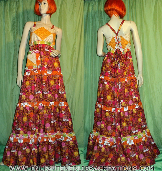 Seminole Patchwork Hippie Peace Maxi Dress - Twirly Festival Apron Corset Dress - One of a Kind - S/M/L - Secret Stash Pocket