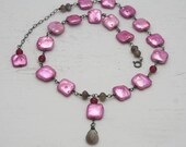 Fuschia Pink Pearls and Blackened Silver Wire Wrapped Necklace