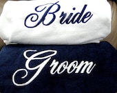 BRIDE & GROOM BEACH Towels Embroidered 100% cotton terry velour Bridal or Couple Shower or Wedding Gifts Made to Order