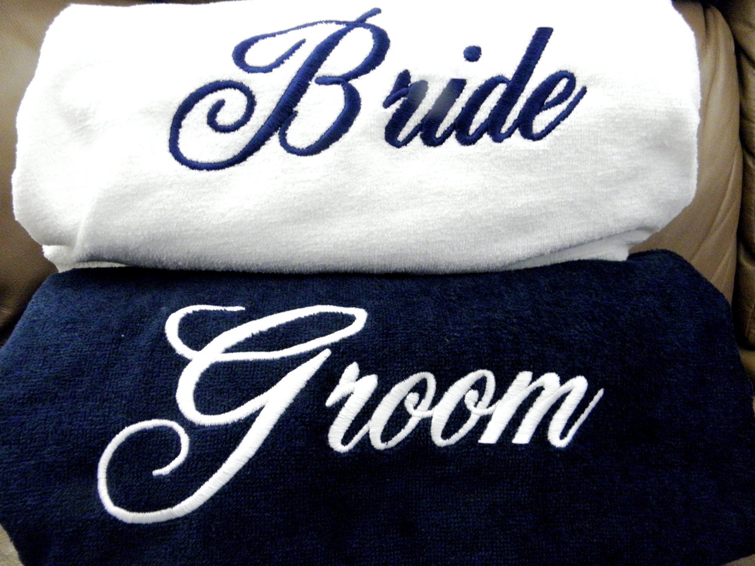 BRIDE & GROOM BEACH Towels Embroidered 100% cotton terry velour Bridal or Couple Shower or Wedding Gifts Made to Order