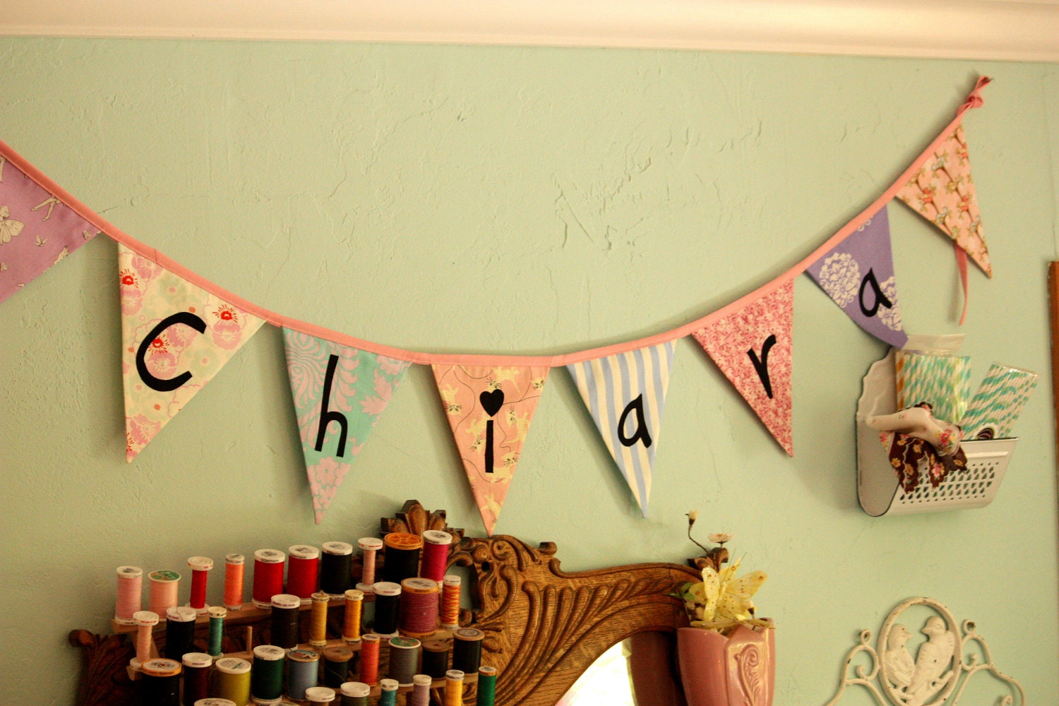 Custom Flag Banner, Personalized Bunting Flag Decoration. 8 Flags, 8 Foot Long Garland.  Up to 6 letters, with an option for more.
