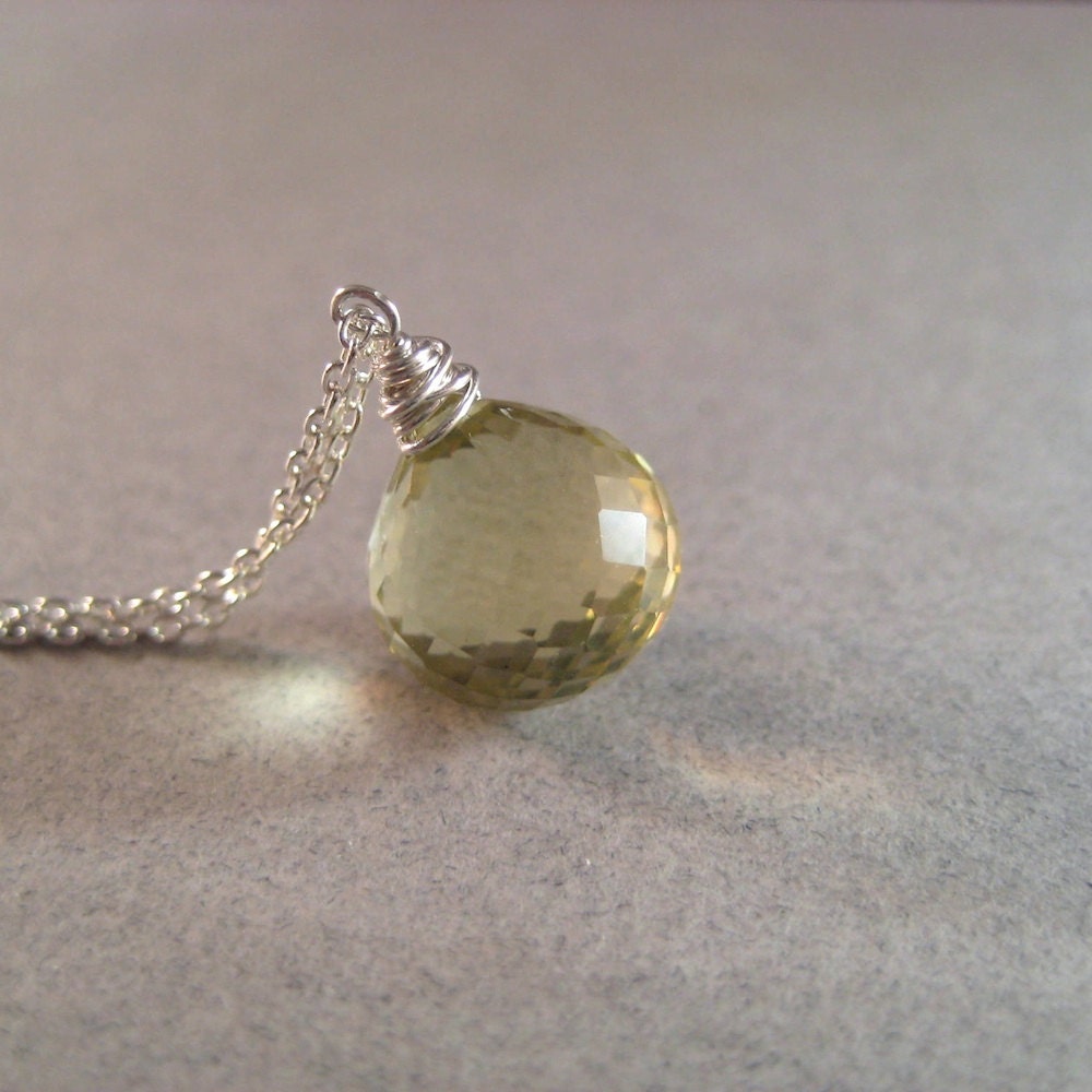 Yellow Quartz Necklace, Faceted Briolette, Gemstone Briolette Necklace, Lemon Quartz, Sterling Silver Chain, Pale Yellow, Under 50