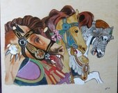 Carousel Horses Pyrographic Wood Burn Art Original 15.5 x 15.5 inch Complete with Frame by Pigatopia
