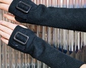 Upcycled Felted Sweater Fingerless Gloves / Mittens / Arm Warmers - Black with Buckles