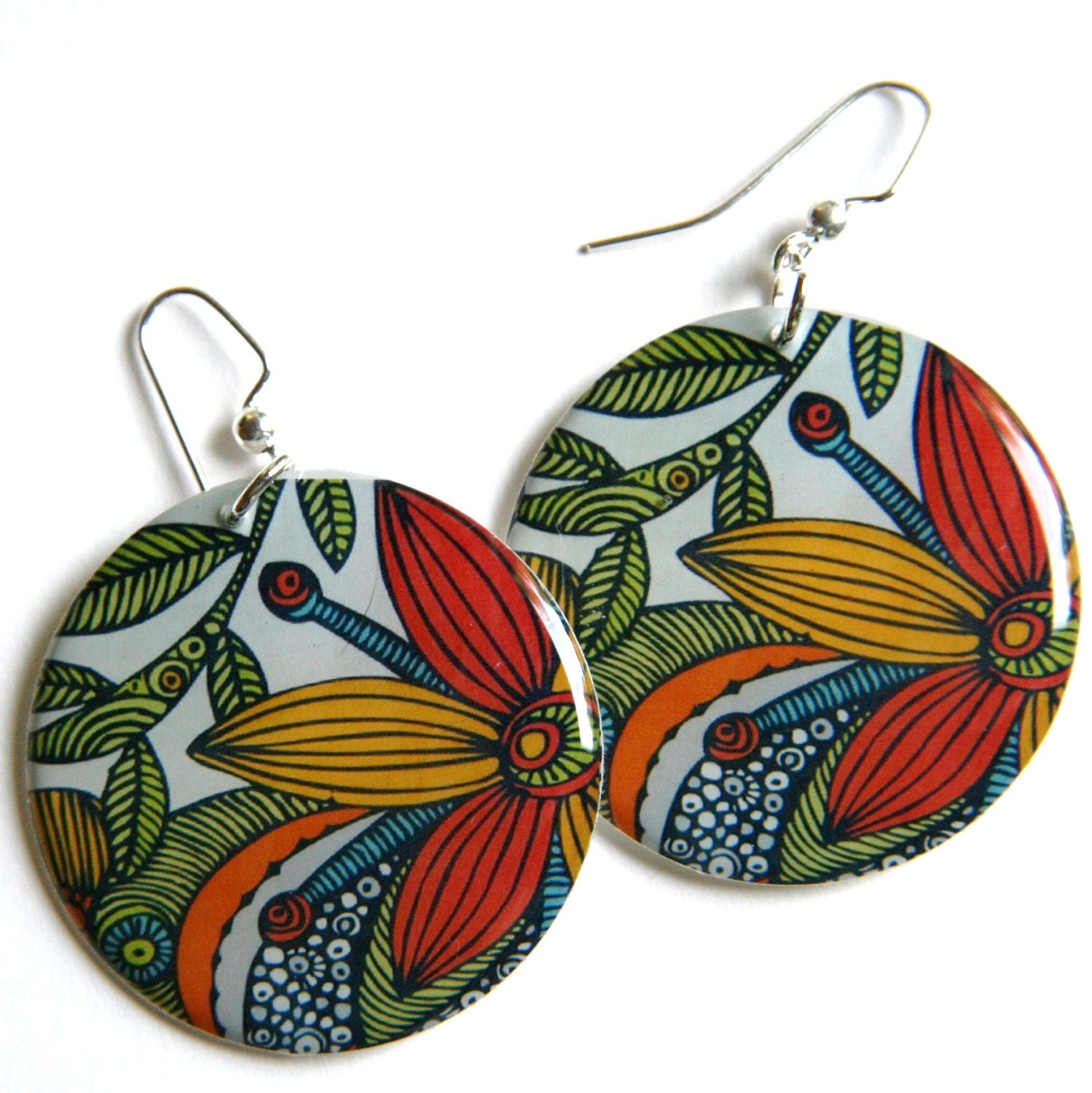 Bright Flower Arrangement in Red, Yellow & Green Large Resin Earrings with Sterling Earwires